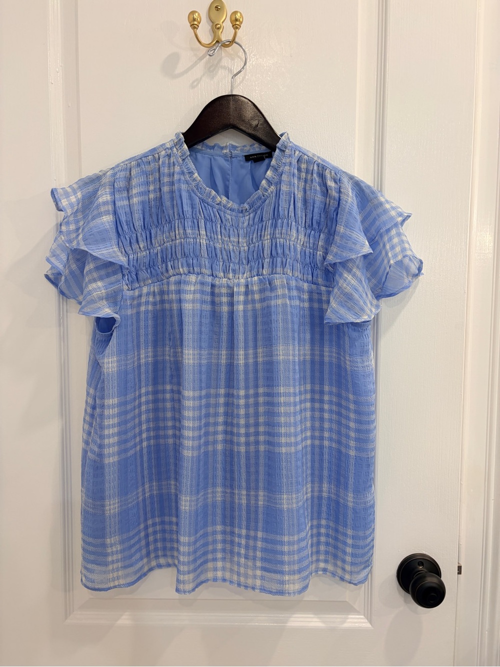 Ann Taylor Light Blue Plaid Ruffle Sleeve Women's Top
